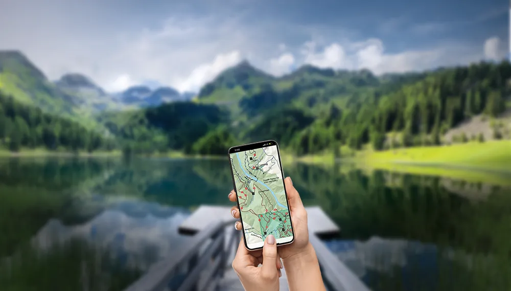 Smartphone im Vordergrund Wälder unscharf im Hintergrund